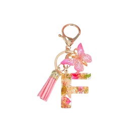 Initial Letter Keychains Pink Flower Butterfly Keychain Birthday Gifts for Women Bling Keychain For Backpack Wallet(F)