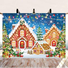 Christmas Gingerbread House Backdrop 7x5FT Blue Merry Christmas Candyland Background Winter Christmas Holiday Party Wall Decorations Supplies Photo Props