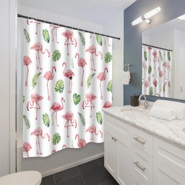 APROPHIC Summer Flamingo Shower Curtain for Bathroom Decor, Palm Leaf Botanical Bathroom Curtain Set, Waterproof Fabric Shower Curtain with Hooks, Machine Washable, 72x72 in