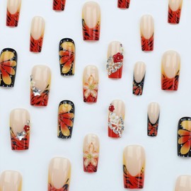SINHOT Square Press on Nails - Long Fake Nails, Glossy Finish, Fall Orange Red Ombre & 3D Handmade Butterfly, DIY Artificial False Nail Art - 24 Pcs Nail Kit with Glue