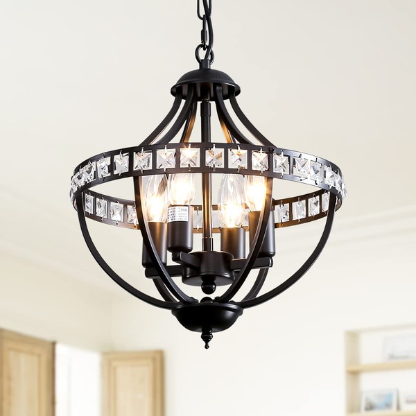 Crystal Chandelier Light Fixtures, 4-Lights Farmhouse Rustic Vintage Black Pendant