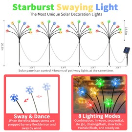 Set of 4 Snowflake Solar Christmas Decorations, 8 Modes Solar Swaying Garden Lights, Solar Pathway Lights, Outdoor Solar Christmas Lights Decor, Upgraded Base on Solar Firefly Light (Multicolor)
