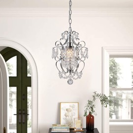 riomasee Mini Chandelier Modern Chrome Crystal Ceiling Light Fixture 1-Light Iron Small Chandelier for Bedroom,Kitchen,Girls Room