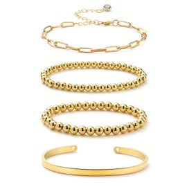Starain Gold Beaded Bracelets for Women 18K Gold Plated Beaded Ball Stackable Stretch Bracelet Gold Cuff Bangle Set
