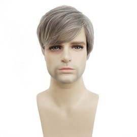 Wiginway Short Straight Wig for Men, Gray Synthetic Natural full Wigs, 6"