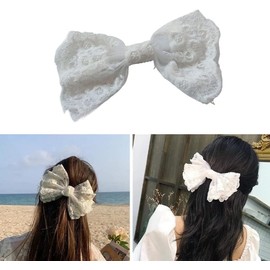 Large Lace Bow Hair Clip for Women Girls, Romantic Flower Dot Mesh Spring Clip Hairpin Hair Pins for Wedding Party Date Valentine's Day Birthday Decor (White, One size)