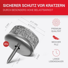 LouMaxx LouMaxx Stuhl Filzgleiter Schrauben rund, ? 24mm grau - Stuhlgleiter mit 6mm dickem Filz &Metalleinfassung - Filzgleiter fr Sthle Schrauben - Premium Stuhlbeinschoner Filz auch fr M?bel 20 Stck