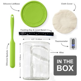 Premium Sourdough Starter Jar - 40oz Large Sourdough Jar with Marked Feeding Band, Thermometer, Scraper, Cloth Cover and Silicone Lid/Base, Wide Mouth Starter Kit - Green