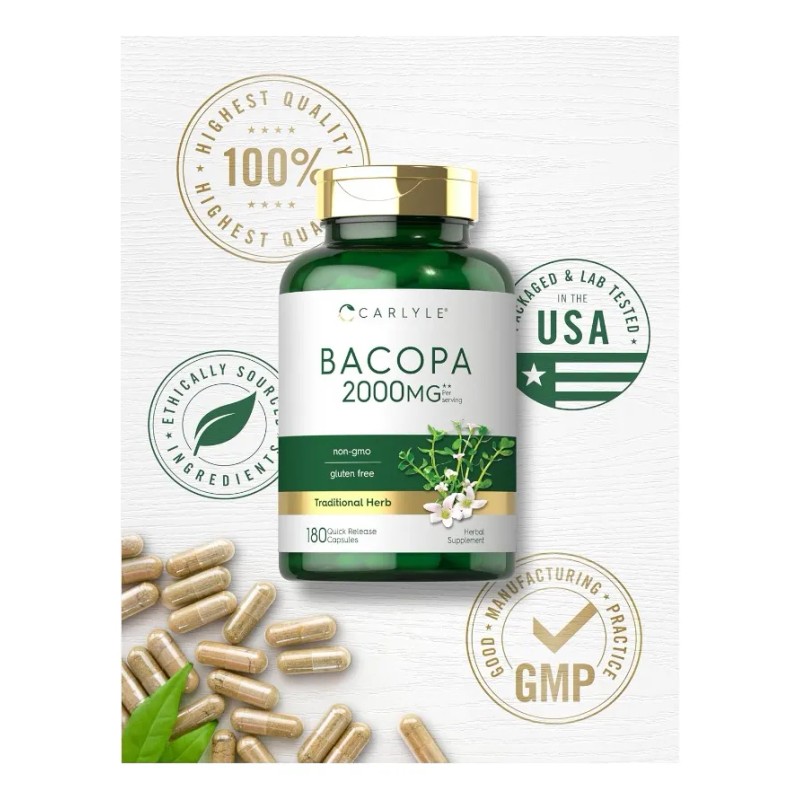 Bacopa Monnieri 2000 Mg Suplemento Sin Gluten 180 Capsulas Sabor
