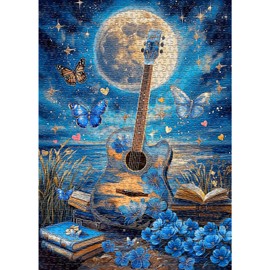 Fantasy Guitar Puzzle for Adults 1000 Piece, Moon Flower Jigsaw Puzzle Book, Guitar Floral Butterfly Art Challenging for Adults