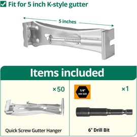 50 Pack Gutter Hangers 5 Inch Gutter Brackets with Bonus 6 Inch Drill Bit, Aluminum Hidden Gutter Clips Screws with Pre-Inserted Screw for Repairing Sagging Rain Gutters.