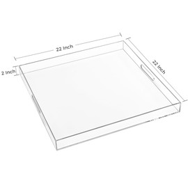 22×22 Inches Oversize Extra Large Sturdy Clear Acrylic Serving Tray King Size Decorative Big Ottoman Trays with Cut Out Handles Water Proof Bed Tray Coffee Counter Top Organizer