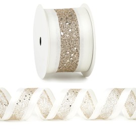 DINDOSAL Ivory Wired Ribbon 2.5" X 10 Yards Ivory Satin Ribbon with Gold Glitter Mesh Wired Ribbon for Christmas Tree Decorations,Gift Wrapping Wreaths Garland, Topper Bows Crafts, Home Decor
