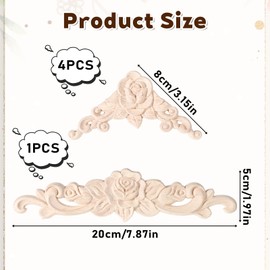 HJZHII 5Pcs Wooden Appliques Onlays Set, Unpainted Wood Carved Wall Decor