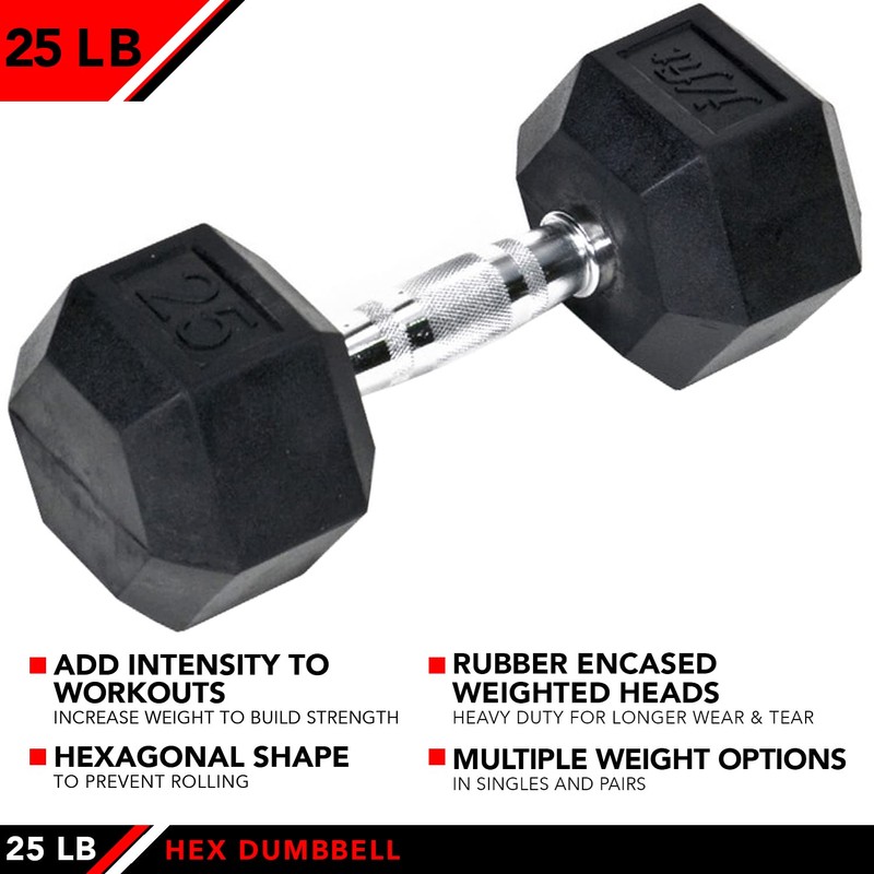 JFIT Rubber Hex Dumbbell, 25 LB, Single