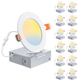 EDISHINE 12Pack 4 inch LED Recessed Light with Junction Box, Ultra-Thin 5CCT 2700K/3000K/3500K/4000K/5000K Dimmable Canless LED Recessed Light, 9W 650LM CRI80 Recessed Light Fixtures, UL Listed