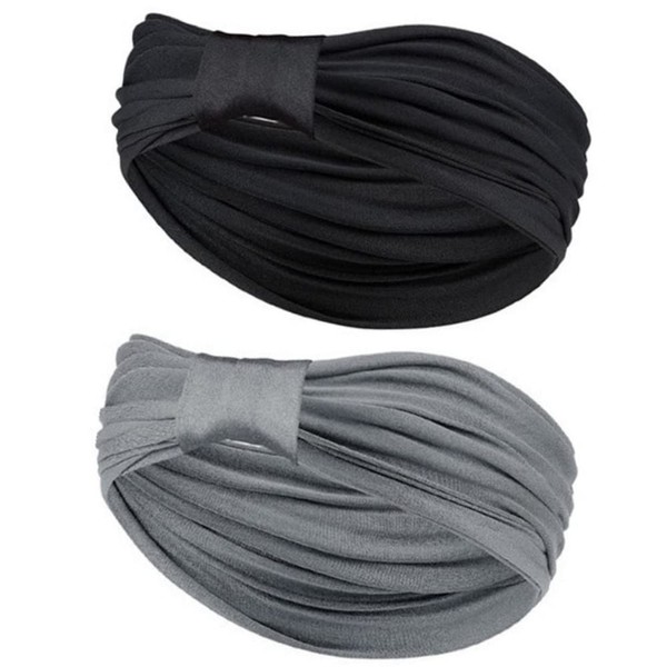 YRDQNCraft 2PCS Wide Headbands for Women Knotted Boho Stretchy Hair Bands Sports Yoga Head Wraps(Black and Grey)