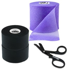 Premium Athletic Tape and Pre-Wrap Set with Scissor - Easy Tear, Strong Support - Hypoallergenic & Breathable (Black Tape - Purple Wrap)