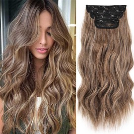 Xtrend 16 Inch Long Wavy Hair Extensions Clip-In Hair Extensions Synthetic Hair Pieces for Women Girls 4 Pieces Full Head Set Thick Curly Wavy Synthetic Hair Extensions (8AH18)