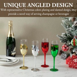 MyGift 6 oz Modern Slanted Holiday Multicolor Stemmed Champagne Flutes Drinkware, Angled Gold Silver Red Green Color Drinking Toasting Glasses, 4 Piece Set