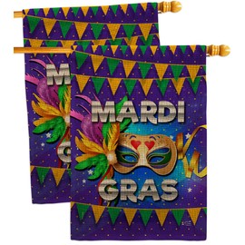 Fat Tuesday Burlap House Flags 2 pcs Pack Springtime Mardi Gras Carnival Festival Masquerade Celebration Season Holiday French Small Decorative Gift Yard Banner Double-Sided Made In USA 28 X 40