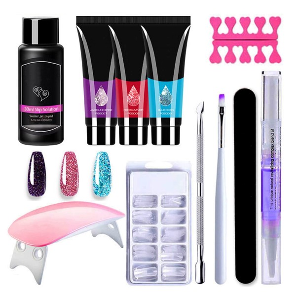 MKNZOME 3 Colours Gel Nails Starter Set, 15 ml Nail Gel Set, Building Gel for Gel Nails with 6 W UV Lamp, Nail Cutter, 100 Pieces, Artificial Nail Cutter for Gel Nails for Beginners, French Salon, DIY Kit