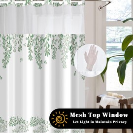Nazapher No Hook Green Plant Shower Curtain with Snap in Liner Set, Botanical Designs with Wisteria Floral Bath Curtain for Bathroom, Waterproof & Washable, 71" x 74"