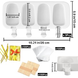3 piezas de moldes grandes de silicona para paletas heladas, BZIDII moldes para pastelitos de 4 cavidades, moldes ovalados de silicona para paletas de helado y barras de hielo con 100 palillos de