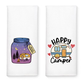 WUUCKOO 2PCS Happy Camper Funny Kitchen Towels, Collect Memories Camping Kitchen Towels Dish Towels Dishcloth, Camping Hand Towels for RV Campers Lovers Adventurers Home Decorations Gifts
