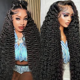 30 Inch Water Wave Lace Front Wigs Human Hair 200% Density Pre Plucked 13x6 HD Transparent Lace Frontal Wigs Human Hair For Women Deep Curly Glueless human hair wig (Black, 30 Inch)
