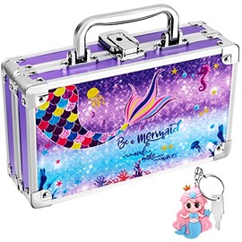JYPS Mermaid Pencil Box for Girls Kids, Lock Box for School with Portable Handle and Mermaid Keychain, Purple Pencil Box, Back to School Mermaid Gifts for Girls Kids
