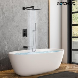 gotonovo Shower System with Tub Spout,Waterfall Tub Shower Faucet Set for Bathroom with 10 inch Rain Shower Head and Handheld Spray Wall Mounted Rough-in Valve and Trim Included Oil Rubbed Bronze