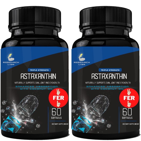 Research Labs Triple Strength Natural Astaxanthin 12mg Softgels with Organic Coconut Oil for Enhanced Absorption. Powerful Antioxidant Supports Eye, Joint & Heart Health. 120 Total Softgels