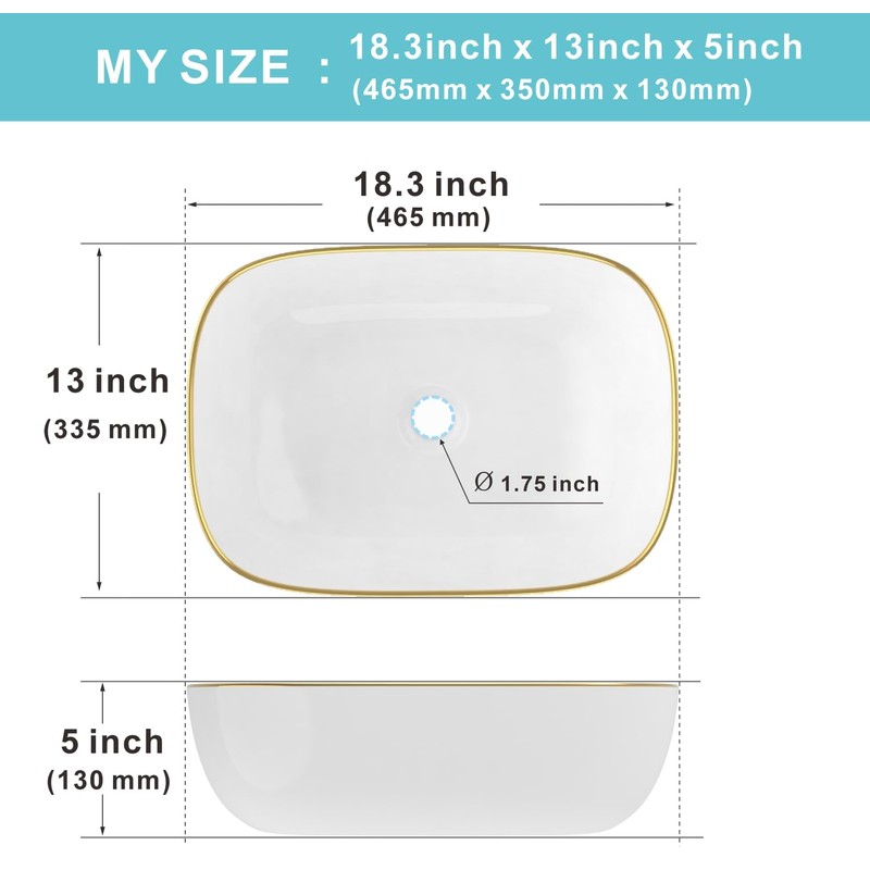 J-FAMILY 18.3'' x 13'' Bathroom Vessel Sink Above Counter White