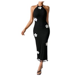 SOLY HUX Women's Sleeveless 3D Floral Bodycon Halter Long Dress Fringe Trim Sleeveless Vacation Party Dresses Black Flowers Medium