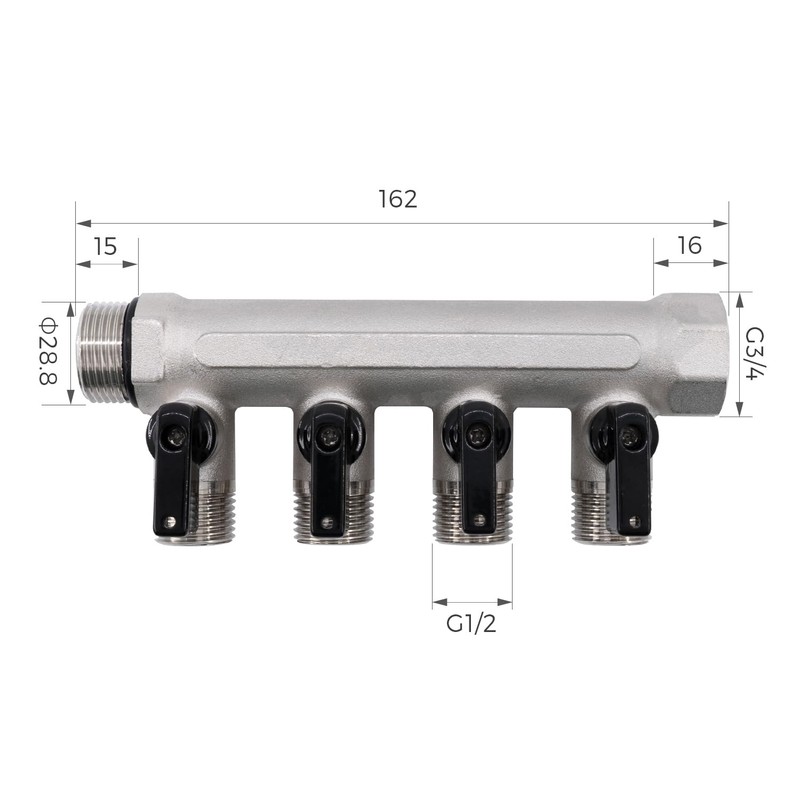 Vancoco Sanitary Brass Splitter 4-Way with Shut-Off Valve 3/4 Inch