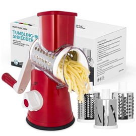 X Home Rotary Cheese Grater for Kitchen, Shredder with 3 Interchangeable Blades, Rotary Grater with Handle and Strong Suction Base, for Vegetables, Fruit, Nuts, Easy to Use and Clean, Red