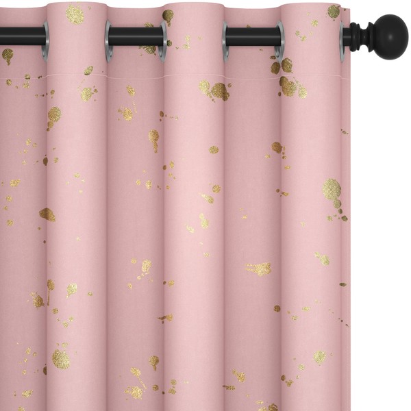 Deconovo 72 Inch Length Blackout Curtains Patterned with Gold Foil Dots, Energy Efficient and Light Blocking Drapes with Grommets for Kitchen, 52W X 72L Inch Coral Pink Set of 2