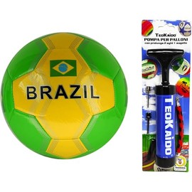 Polished Football Brazil for Training or Game Size 5 Diameter 23 cm Size 5 with Portable Pump for Quick Inflation with Extension 2 Needles and an Augello