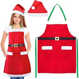 Red Christmas Apron with Christmas Hat, Kitchen Apron Adjustable Bib Apron with Pockets, Kitchen Christmas Eve Christmas Decoration, for Christmas Costume Women and Men, Fancy Dress, Theme Party etc,