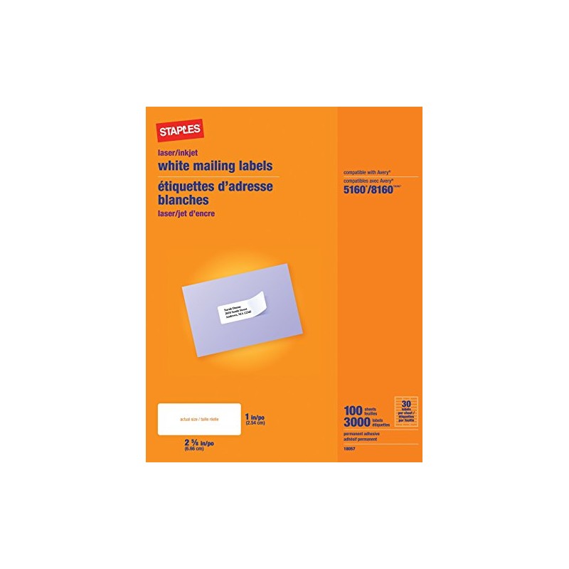 Staples White Mailing Labels for Laser Printers, 1 x 2.62
