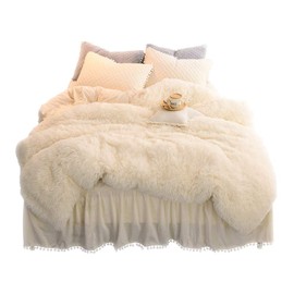LIFEREVO Luxury Plush Shaggy Duvet Cover Set (1 Faux Fur Duvet Cover + 1 Pompoms Fringe Pillow Sham) Solid, Zipper Closure (Twin, Light Beige)