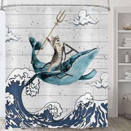 ASDCXZ Funny Shower Curtain, 180 x 200 cm, Cats Ride Whales, Sea Wave, Washable, Funny Textile Bathroom Curtains, Polyester Waterproof Shower Curtains for Bathtub with 12 Shower Curtain Hooks