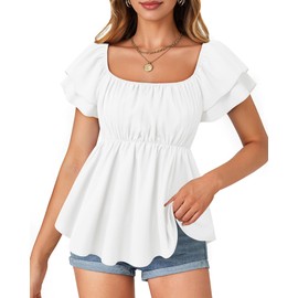 MCKOL White Peplum Tops for Women: Baby Doll Shirts - Off the Shoulder Tops for Women - Women's Smocked Top Square Neck Blouse White Medium