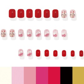 Easter Press on Nails Short Square Fake Nails with Easter Cute Bunny Egg Cloud Designs Glossy Cute Acrylic Nails Artificial Nails Rabbit Press on Stick on Nails for Women 24Pcs
