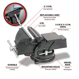 Performance Tool W3903 360º Swivel Base Bench Vise with Polished Anvil, 5-1/4-Inch Jaw Opening and Durable Powder Coat Finish