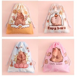 4 Pack Small Double-Sided Capybara Drawstring Pouch Bags, 14x16cm Cute Cosmetic Makeup Storage Pouches Goody Snack Small Cloth Gift Bags for Travel, Accessories, Jewerlry, Toiletries