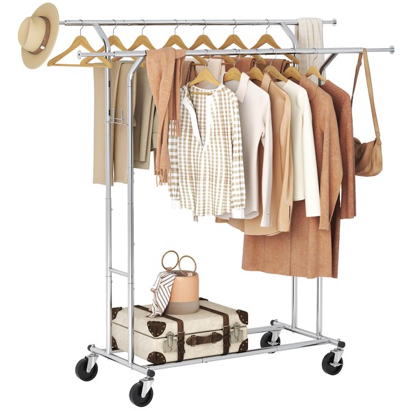 Tajsoon Heavy Duty Clothes Rack with Shelf and Hooks, Double