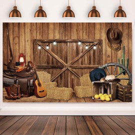 2.1 x 1.5 m Photo Background Western Cowboy Wild West Rustic Wooden House Barn Door Vintage Photography Background Children Baby Shower Western Birthday Party Decorations Banner Photo Studio Props