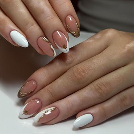 White French Tip Press on Nails Medium Almond Fake Nails with Design Gold Glitter Curve False Nails Full Cover Acrylic Nails Artificial Glue on Wedding Nail Art Stick on Nail for Women 24 Pcs